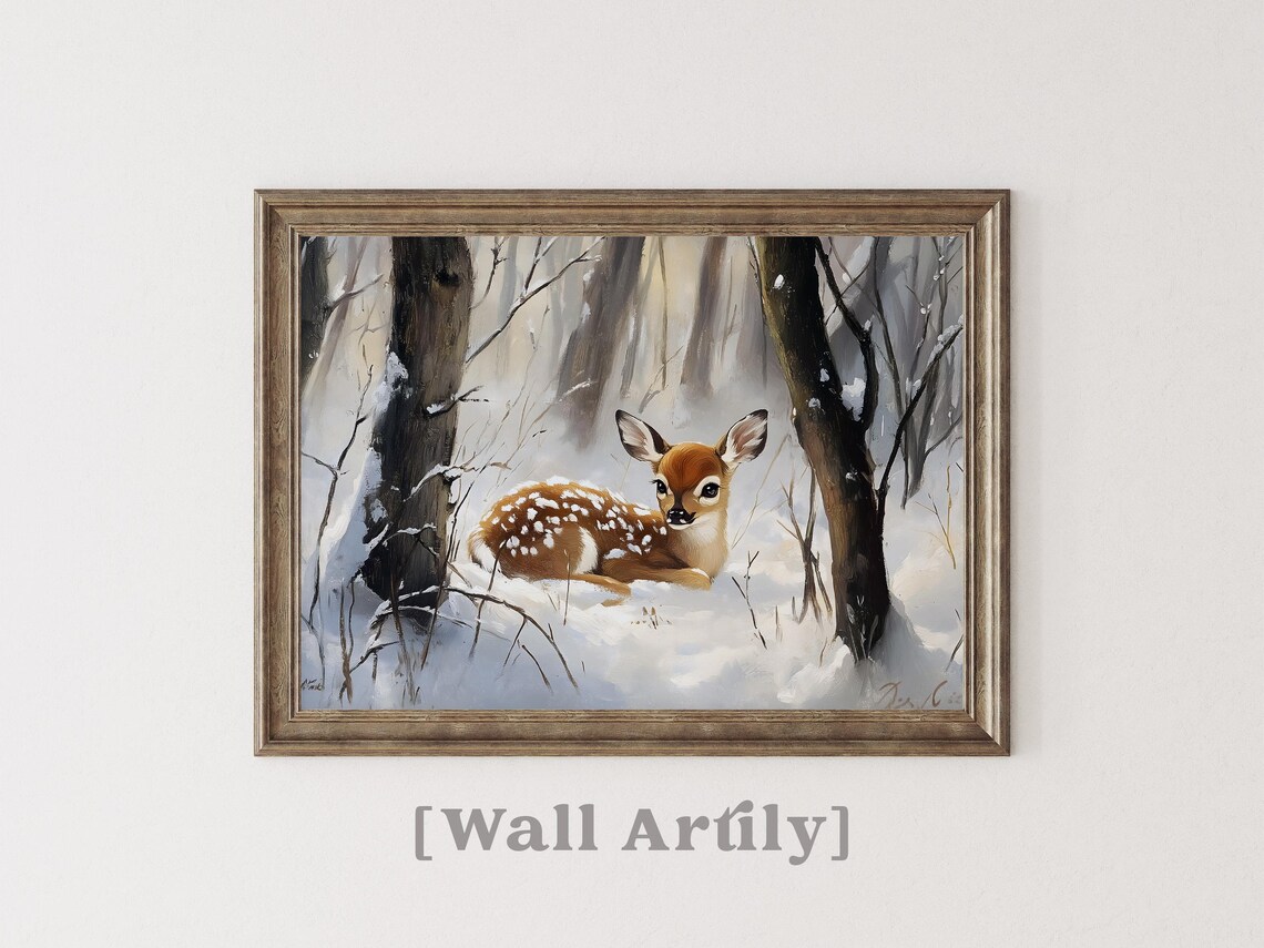 Sweet Little Fawn Resting In Snowy Woodland Winter Painting Poster - Image 7