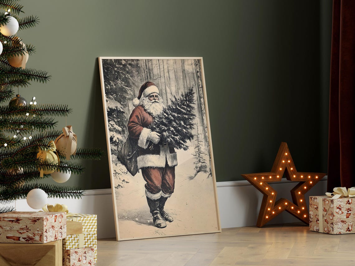 Vintage Santa Carrying Christmas Tree Through Snowy Forest Poster - Image 2