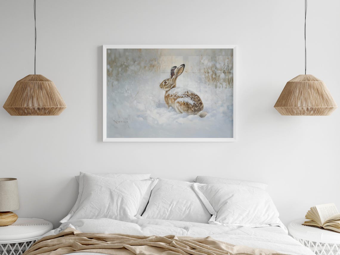 Winter Hare Portrait In Snow Close Up Wildlife Painting Poster - Image 3