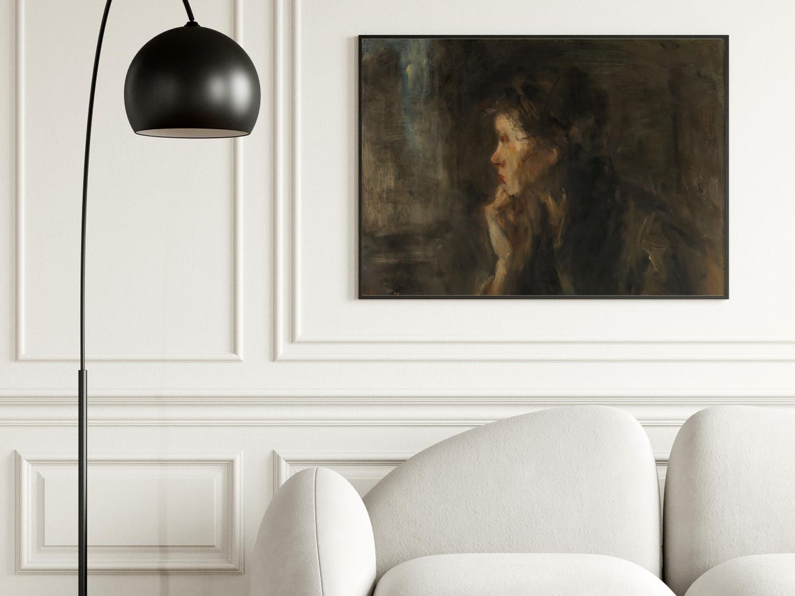 Vintage Portrait Of A Lady Wall Art Antique Oil Painting Moody Neutral Warm Farmhouse Wall Decor Print - Image 5