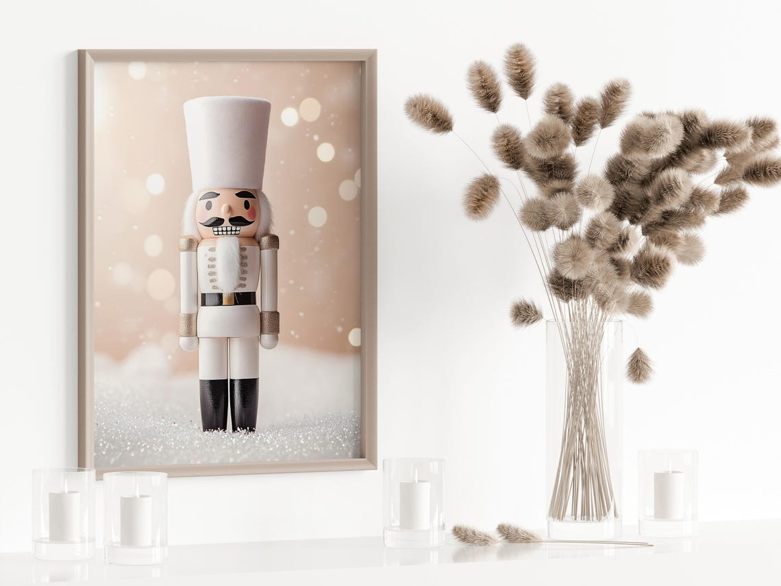 White Nutcracker Soldier Blush Pink Snowfall Christmas Poster - Image 5