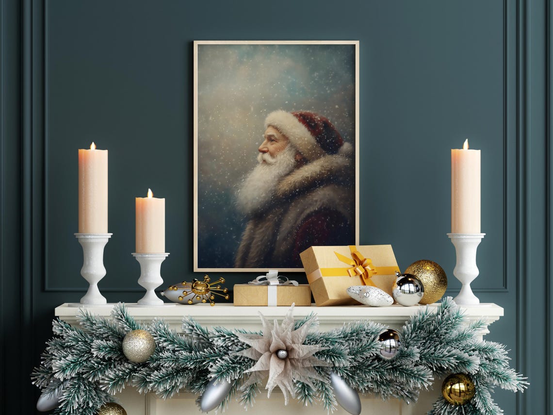 Santa Claus Profile Portrait In Falling Snow Painterly Poster - Image 3