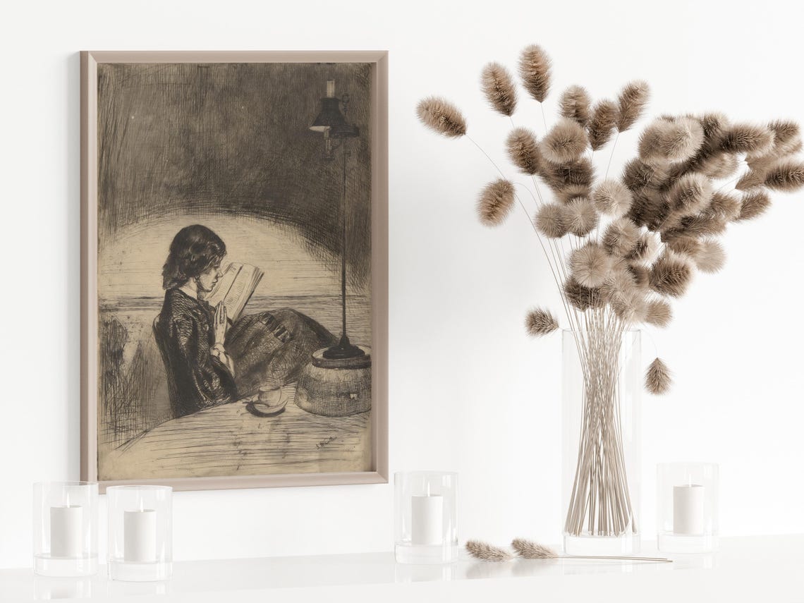 Antique Sketch Of Woman Reading By Lamplight Dark Etching Poster - Image 2