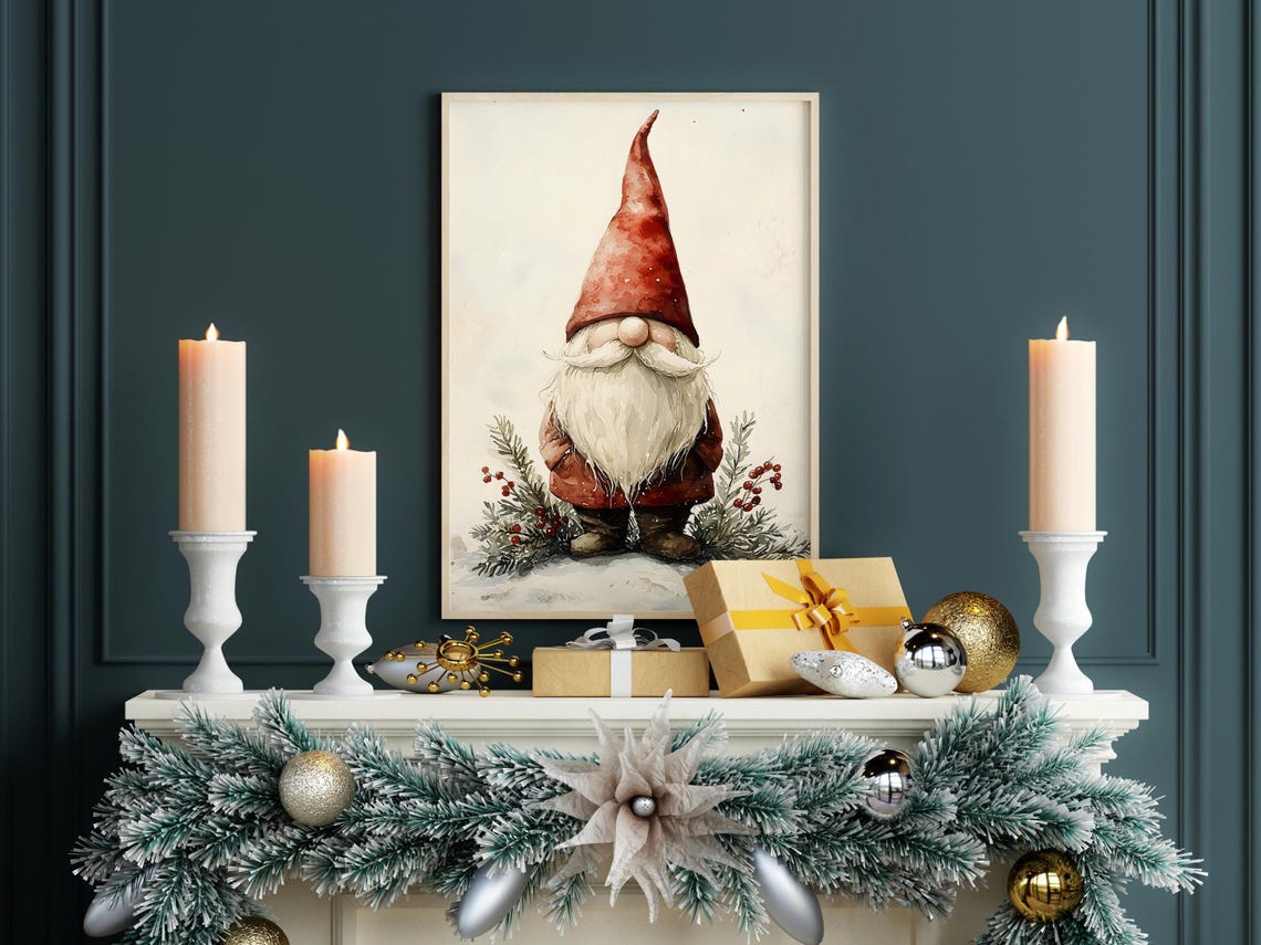 Christmas Gnome Watercolor Tall Red Hat Pine Holiday Art Poster - Image 4