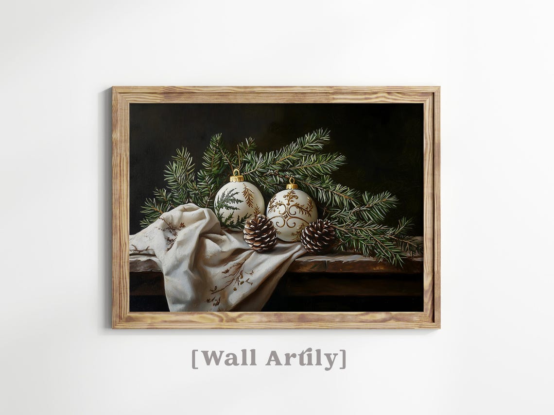 Moody Christmas Still Life With White Baubles And Pinecones Poster - Image 4