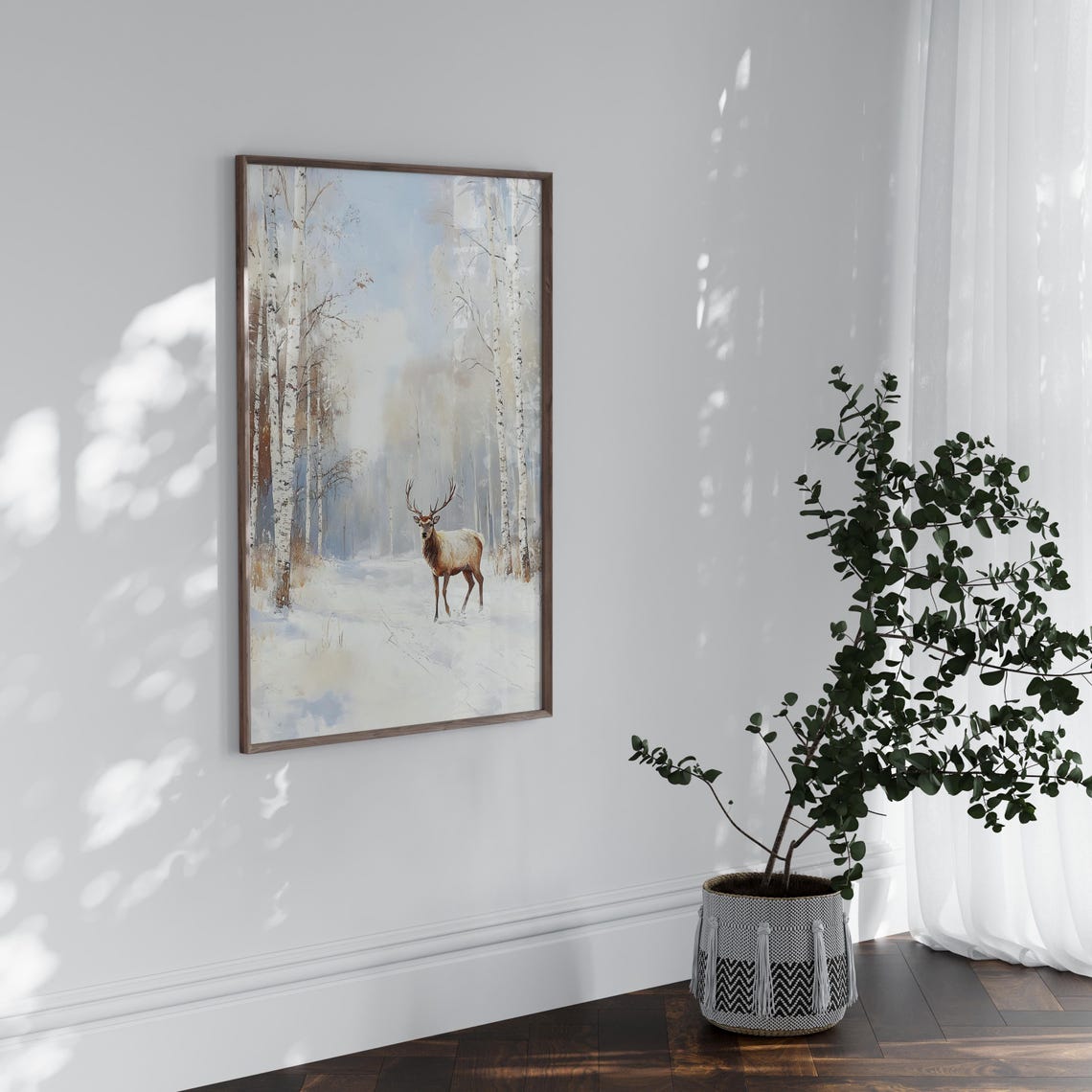 Noble Stag With Antlers In Snowy Birch Forest Winter Painting Poster - Image 2