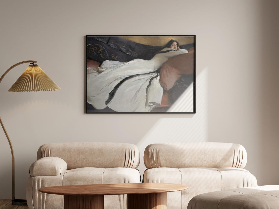 Vintage Portrait Of A Woman In Repose Wall Art Antique Oil Painting Neutral Farmhouse Wall Decor Print