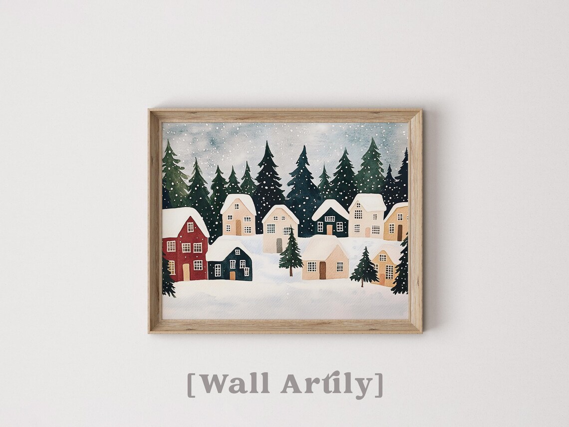 Snowy Village Winter Village Scene Holiday Art Print - Image 5