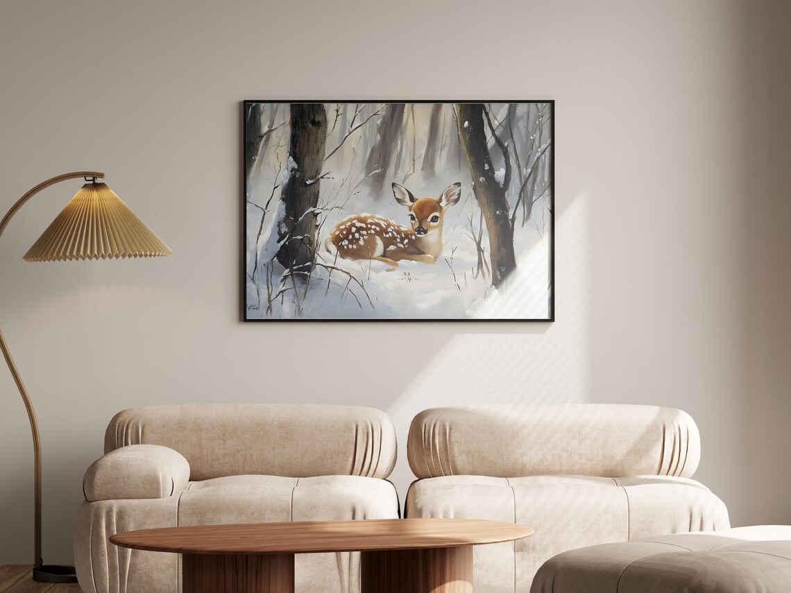 Sweet Little Fawn Resting In Snowy Woodland Winter Painting Poster - Image 4