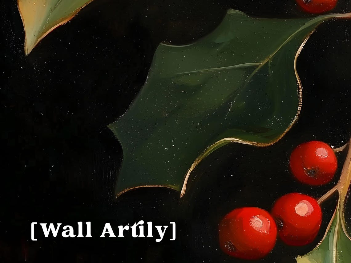Moody Holly Branch With Red Berries On Dark Background Oil Poster - Image 5