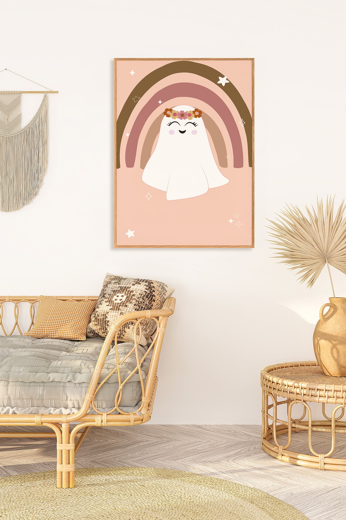 Cute Halloween Ghost with Flower Crown Under Boho Rainbow Poster - Image 2