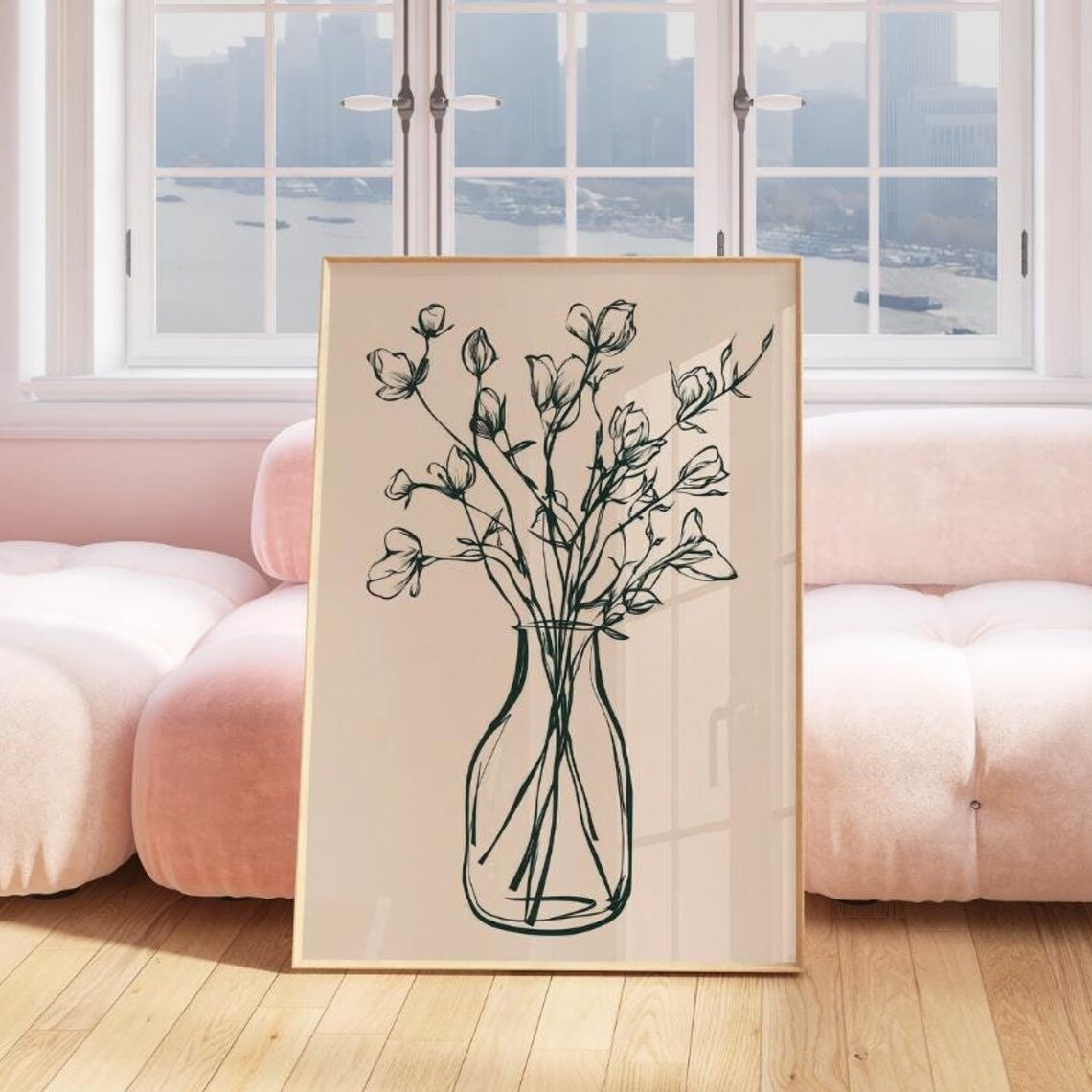 Black Ink Flower Bouquet Vase Minimalist Botanical Sketch Poster
