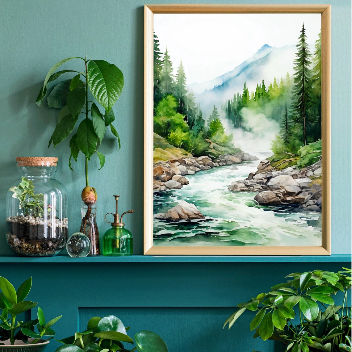 Mountain River Rapids Evergreen Forest Mist Watercolor Poster - Image 4