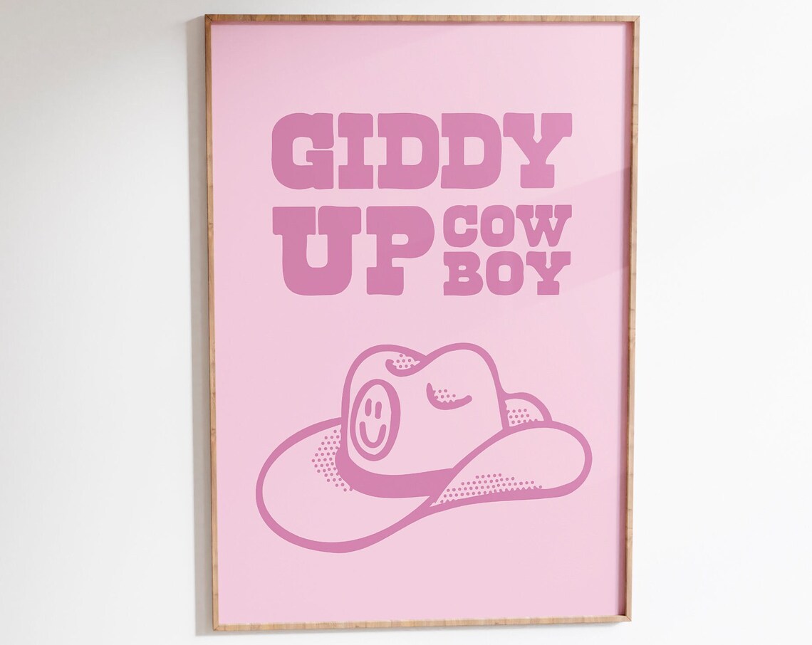 Giddy Up Cowboy Pink Western Hat Typography Preppy Quote Decor Poster