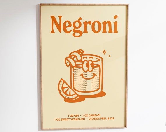 Negroni Retro Cocktail Art Print, Bar Cart Decor