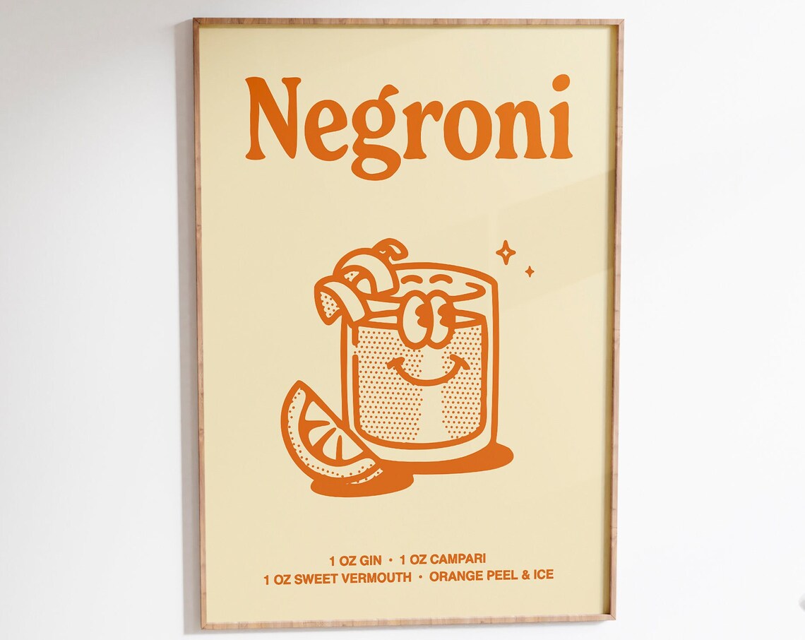 Negroni Retro Cocktail Art Print, Bar Cart Decor