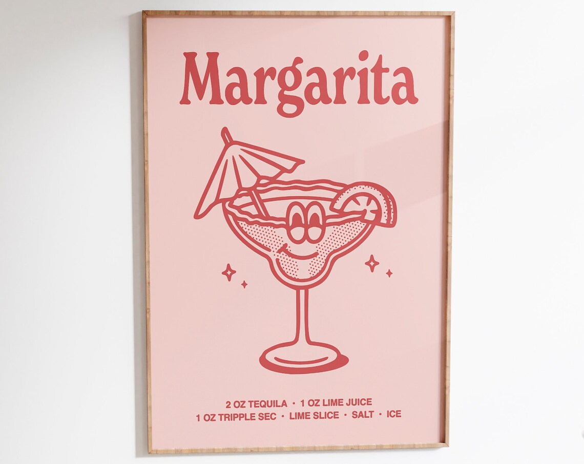 Margarita Cocktail Recipe Cute Pink Retro Bar Cart Kitchen Poster