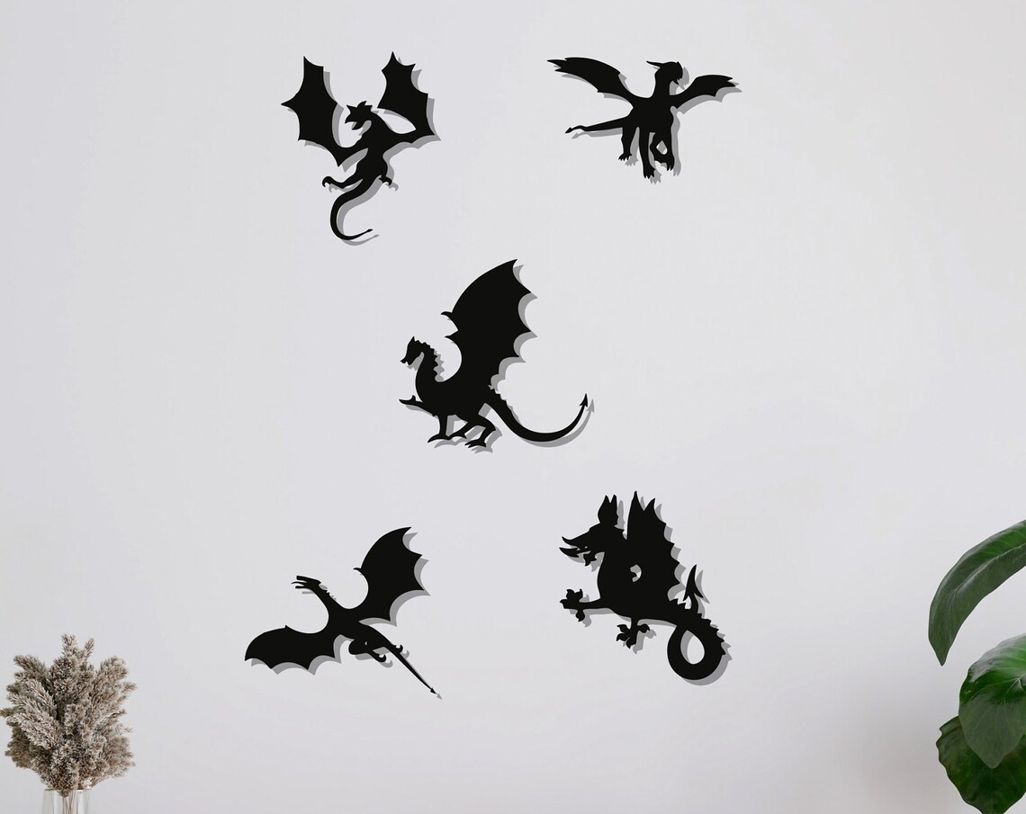 Flying Dragons Black Metal Wall Art Set Fantasy Mythical Creature Decor
