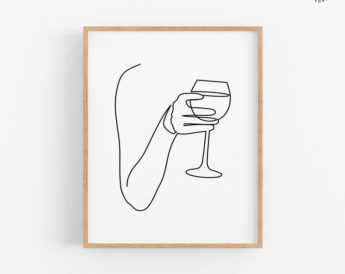 Minimalist Line Drawing Hand Holding Wine Glass Black White Poster