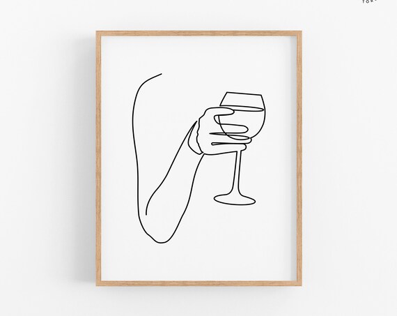 Minimalist Line Drawing Hand Holding Wine Glass Black White Poster