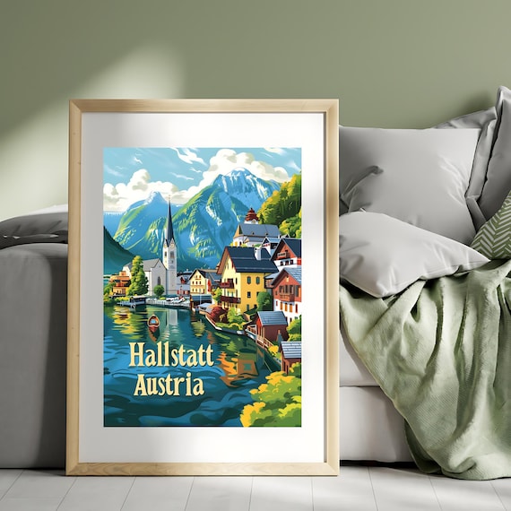 Hallstatt Austria Lakeside Village Alps Vintage Travel Poster