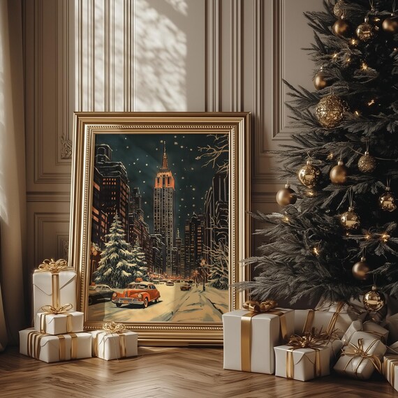 New York Christmas Snowy Empire State Street Vintage Holiday Poster