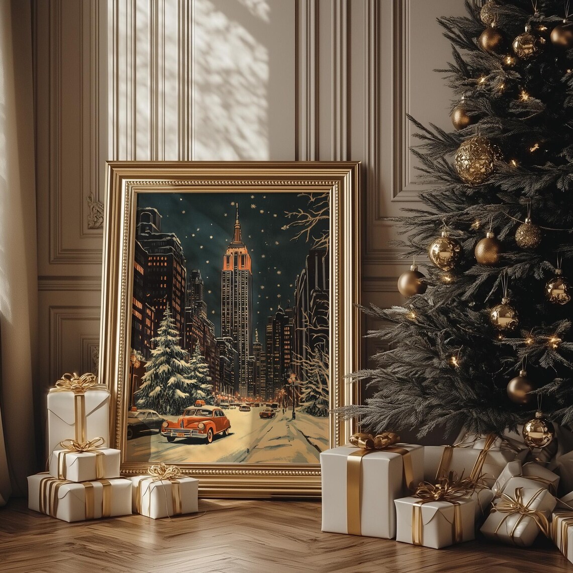 New York Christmas Snowy Empire State Street Vintage Holiday Poster