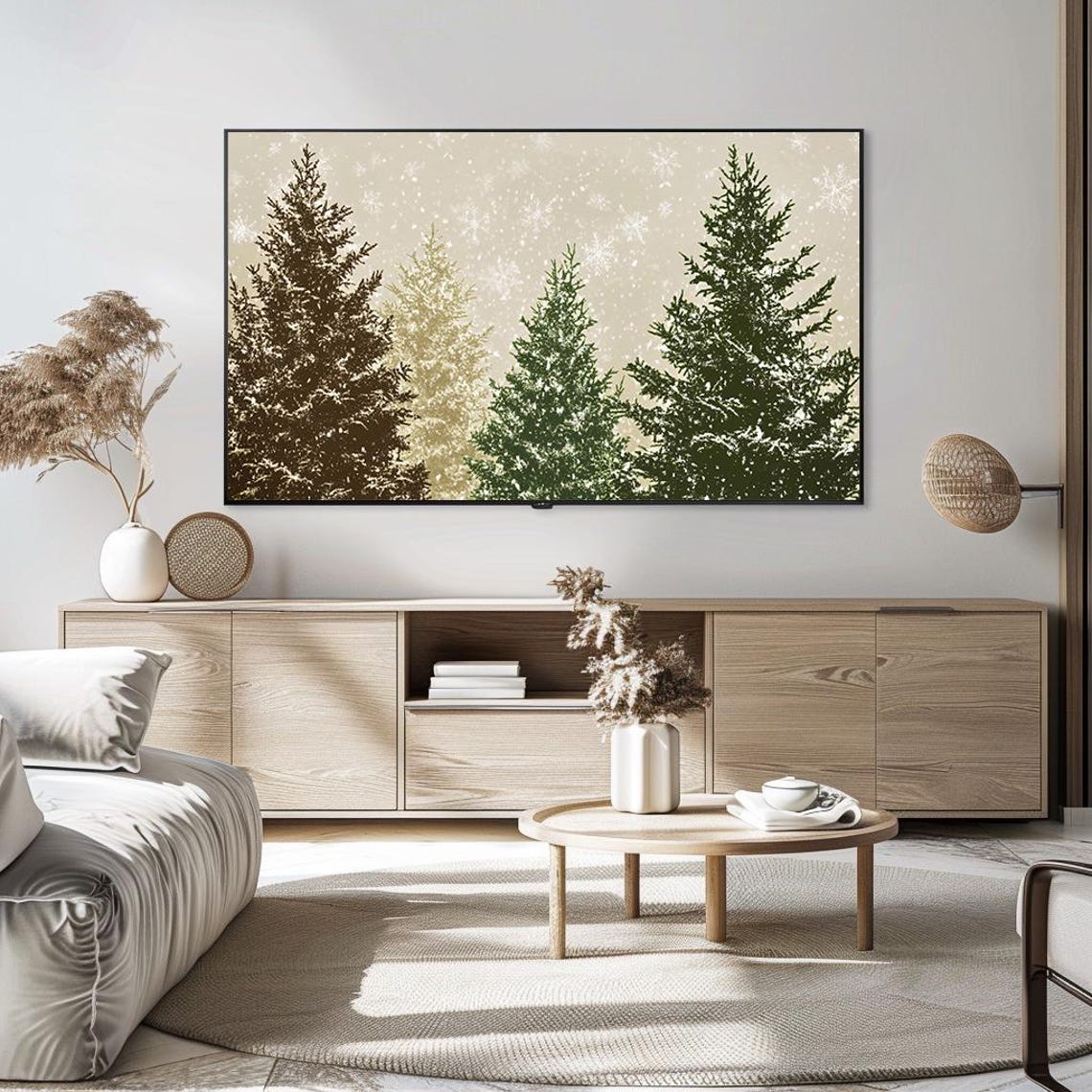 Vintage Evergreen Trees In Falling Snow Warm Winter Landscape Poster - Image 5