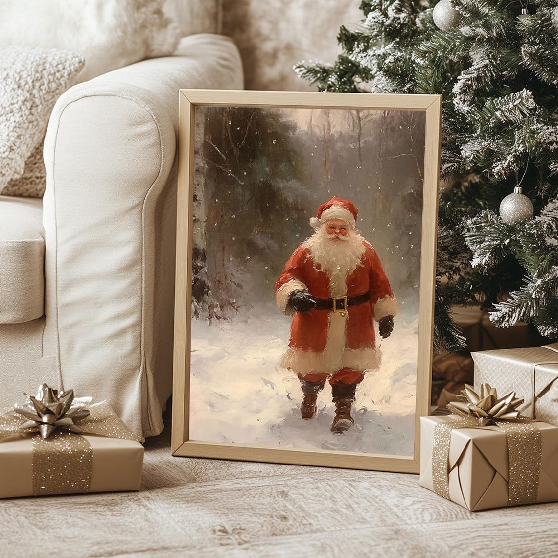 Santa Claus Walking in Winter Snow Traditional Oil Painting Poster - Image 5