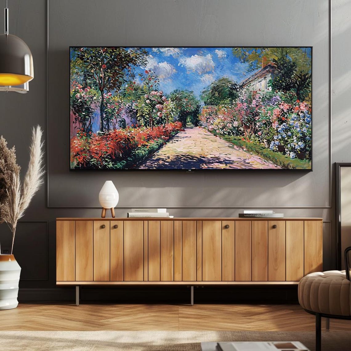 Impressionist Flower Garden Path under Bright Blue Sky Poster - Image 2