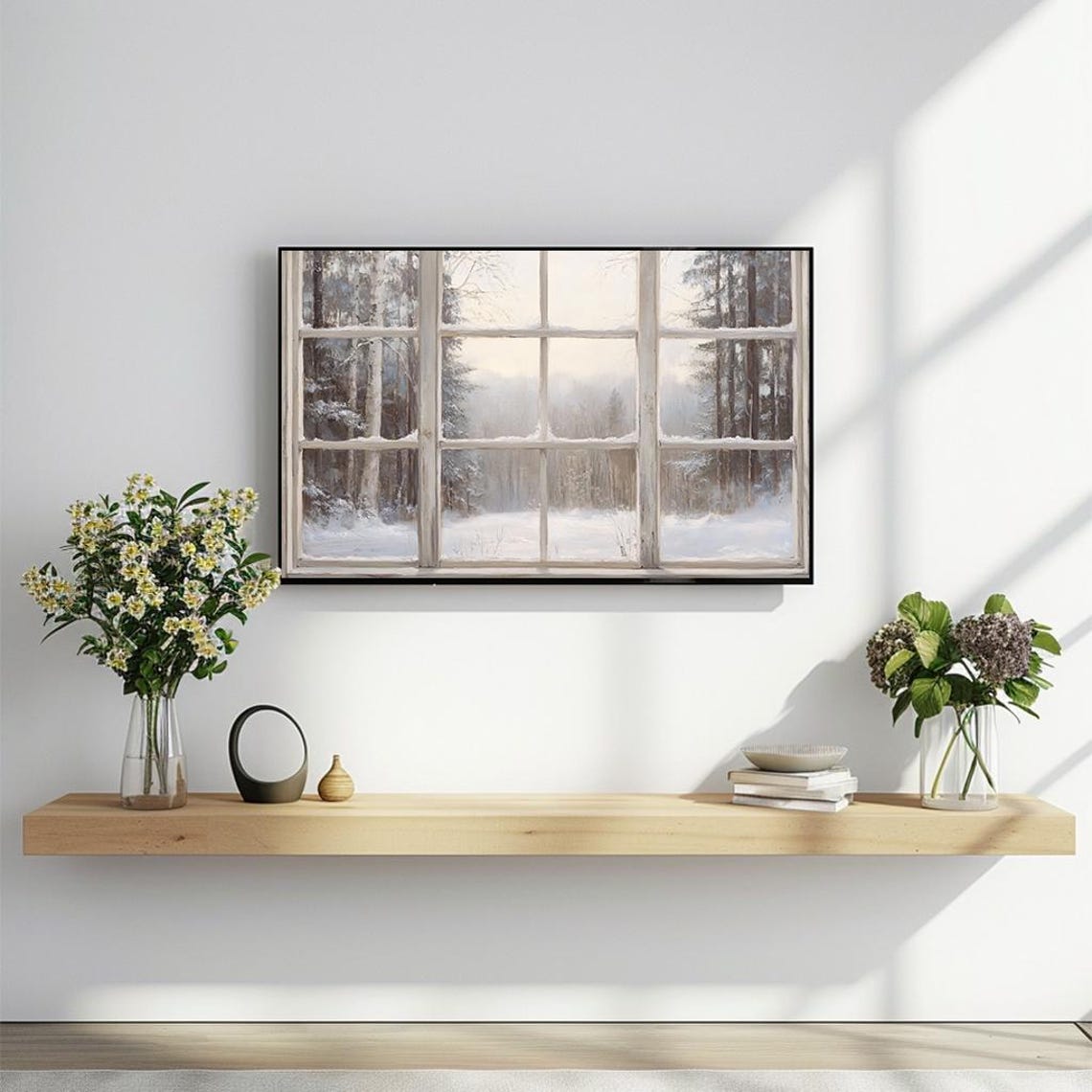 Serene Winter Scene through Rustic Window Snowy Pines Poster - Image 2