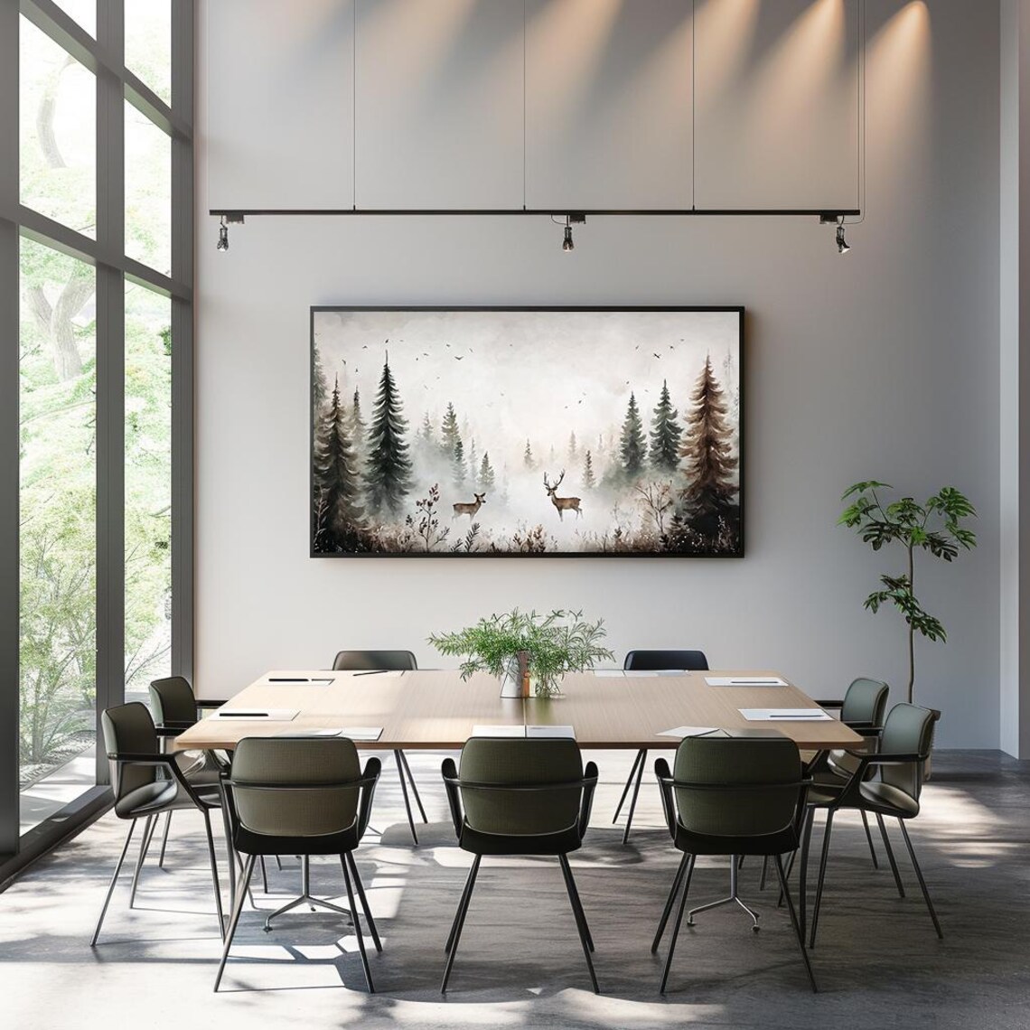 Deer Pair in Misty Pine Forest Watercolor Wildlife Scene Poster - Image 3