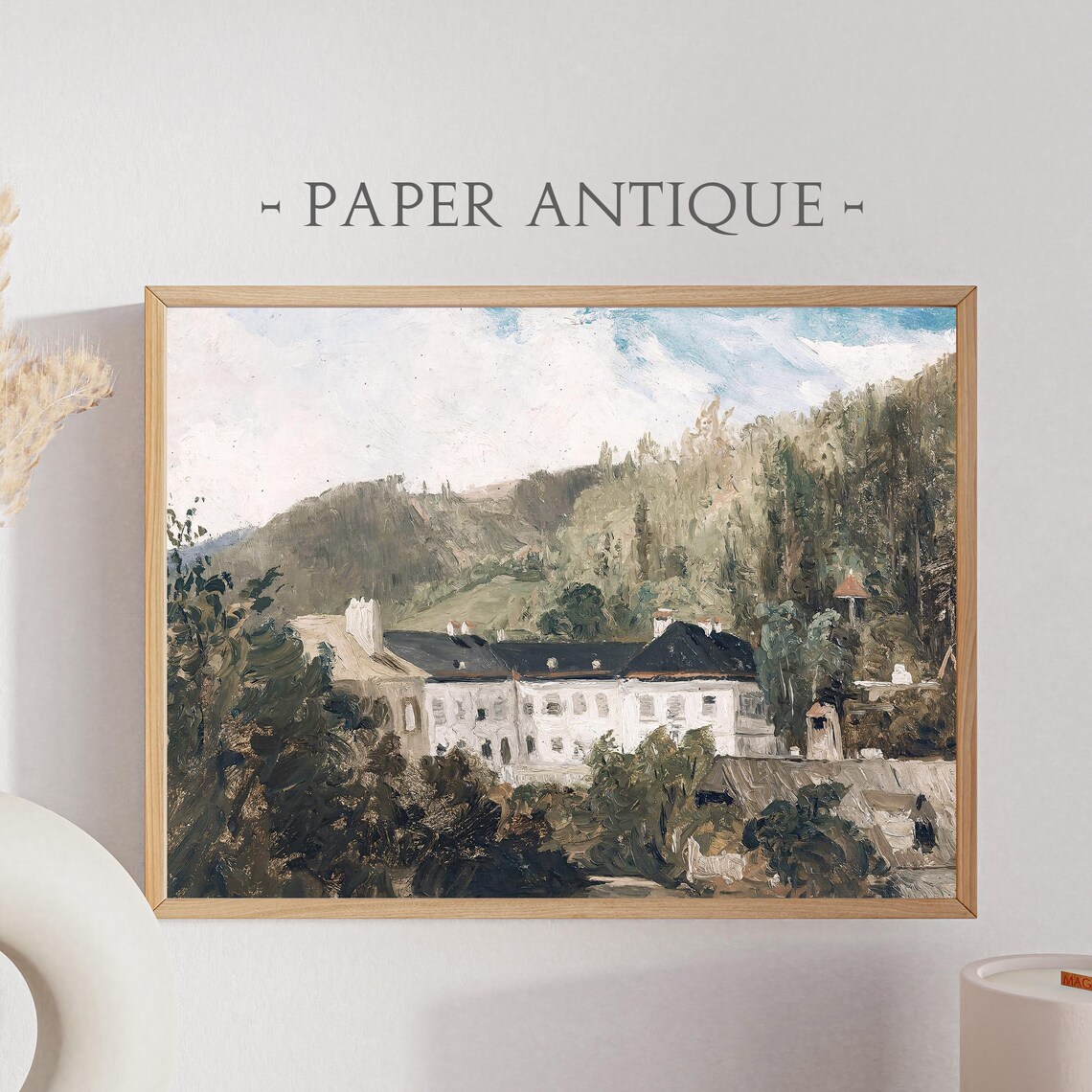 White Manor House Green Hills Trees Vintage European Style Poster
