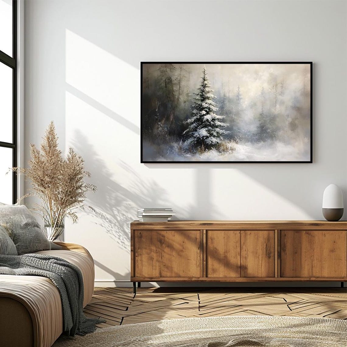 Enchanting Winter Forest with Snowy Pine Trees Painting Poster - Image 4