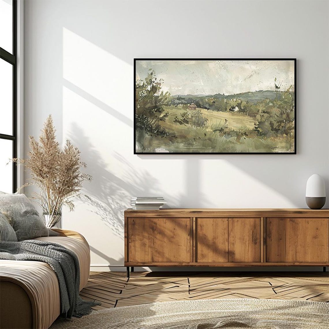Quiet Green Hillside Meadow with Small Barn Watercolor Poster - Image 4