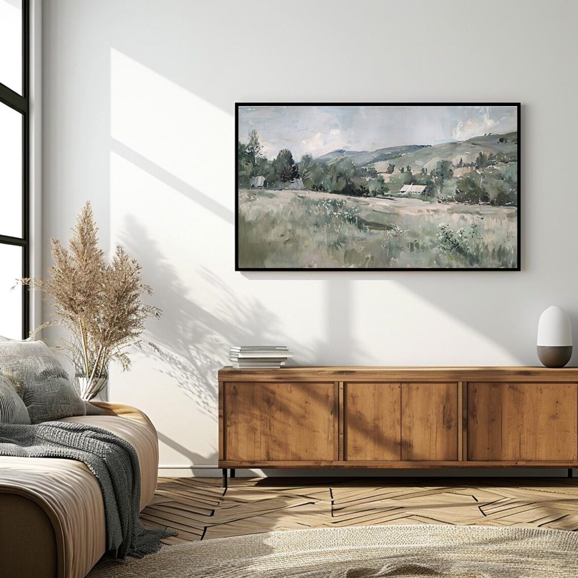 Frame Tv Art Serene Countryside Landscape Pastel Green Field And Mountains Instant - Image 4
