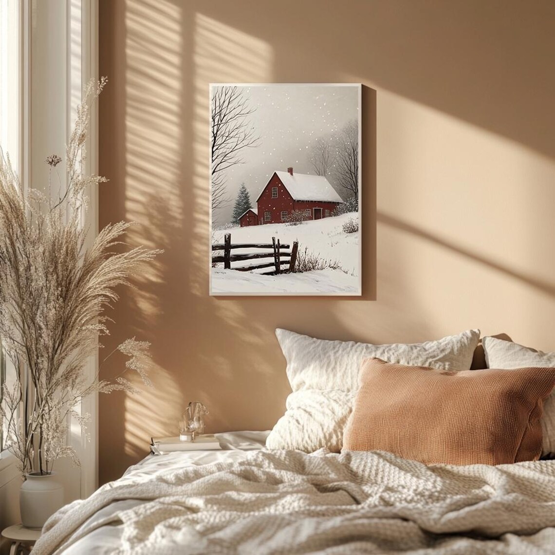 Red Barn In Snowy Winter Landscape Rustic Farmhouse Painting Poster - Image 2