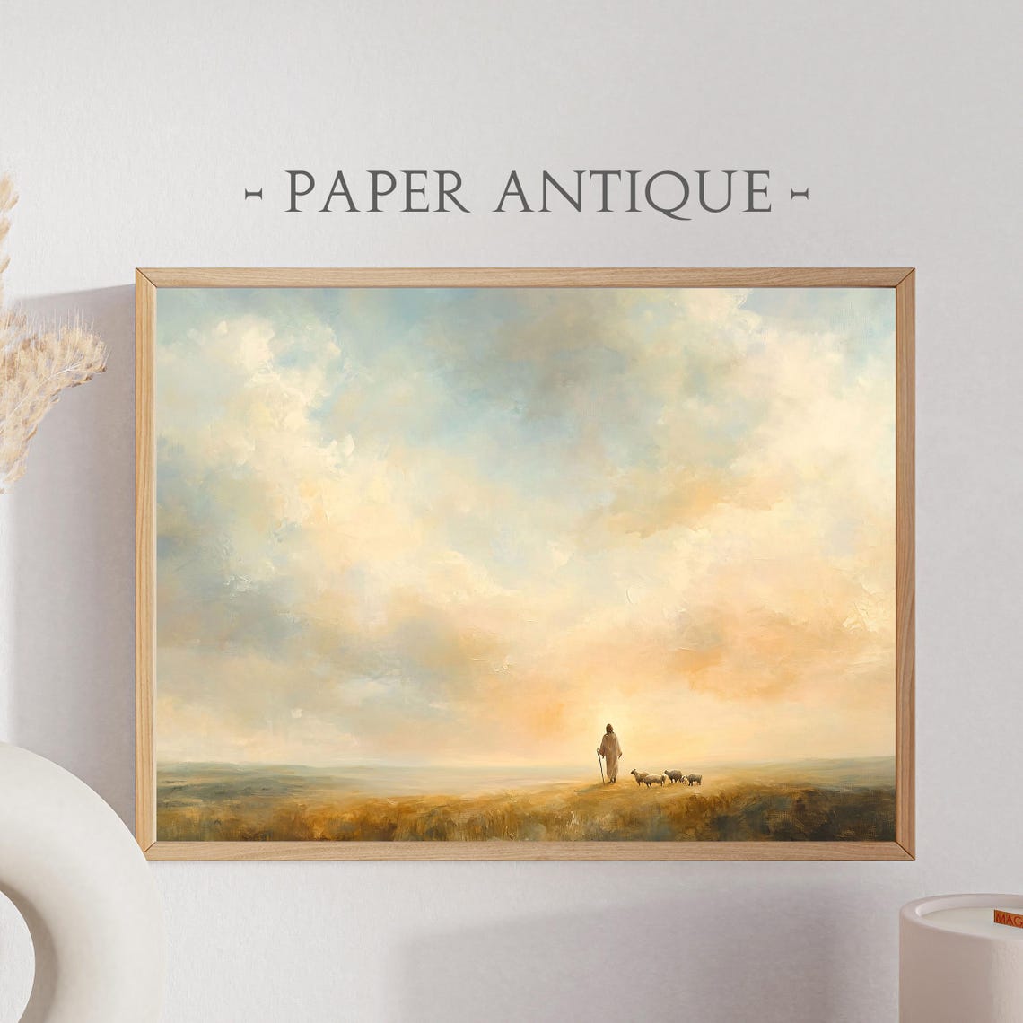 Shepherd With Sheep Golden Sunset Pastel Sky Painting Poster