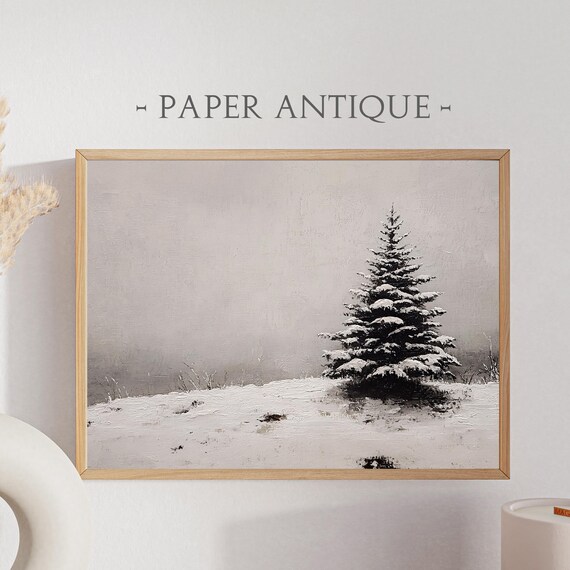 Lone Snow Covered Pine Tree Minimalist Winter Landscape Oil Poster