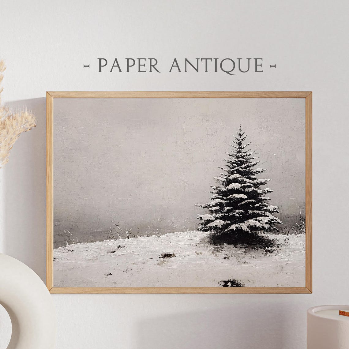 Lone Snow Covered Pine Tree Minimalist Winter Landscape Oil Poster