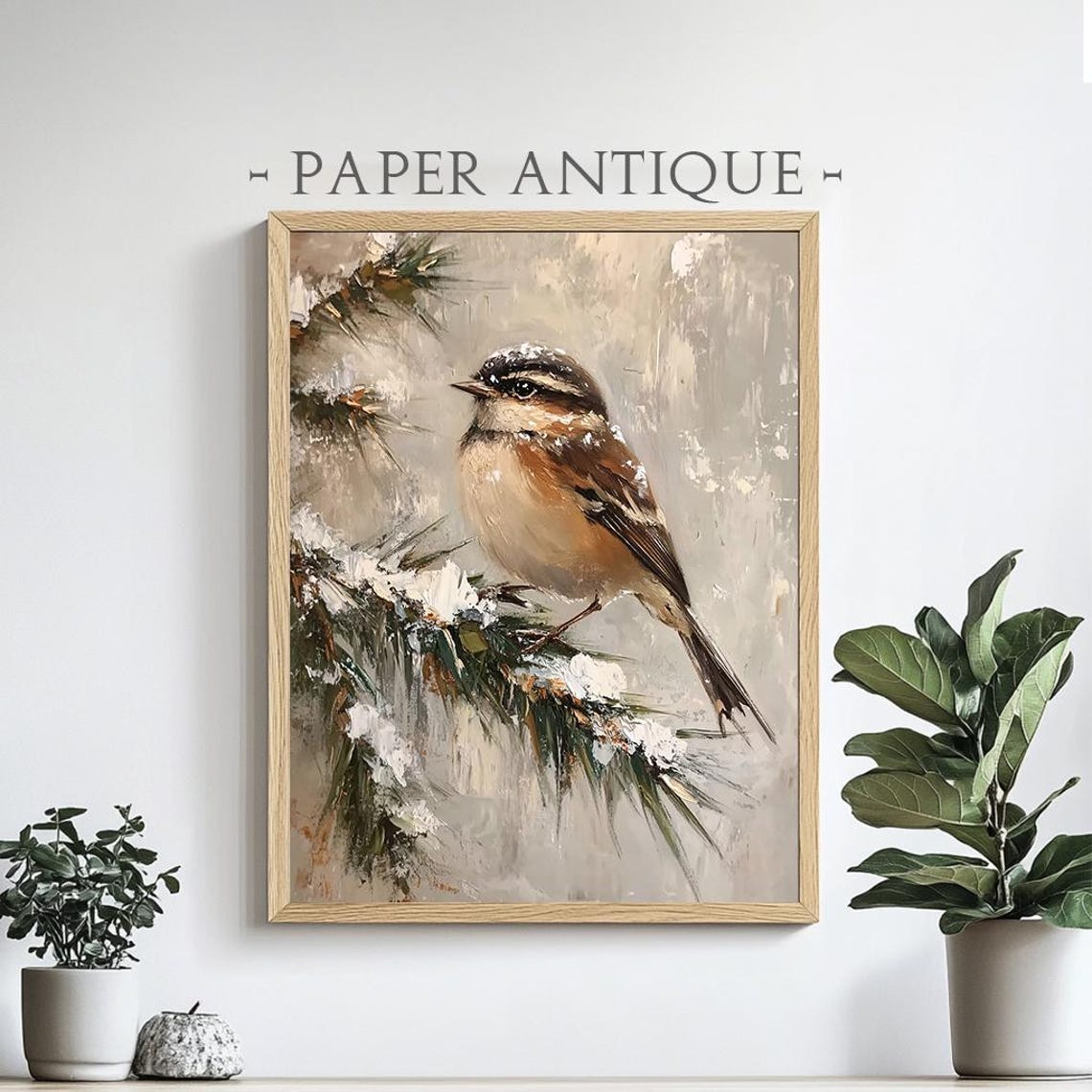 Winter Songbird on Snowy Pine Branch Soft Neutral Painting Poster