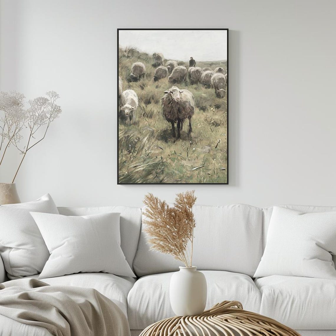 Sheep Herd In Pasture With Shepherd Rustic Farm Animal Painting Poster - Image 5