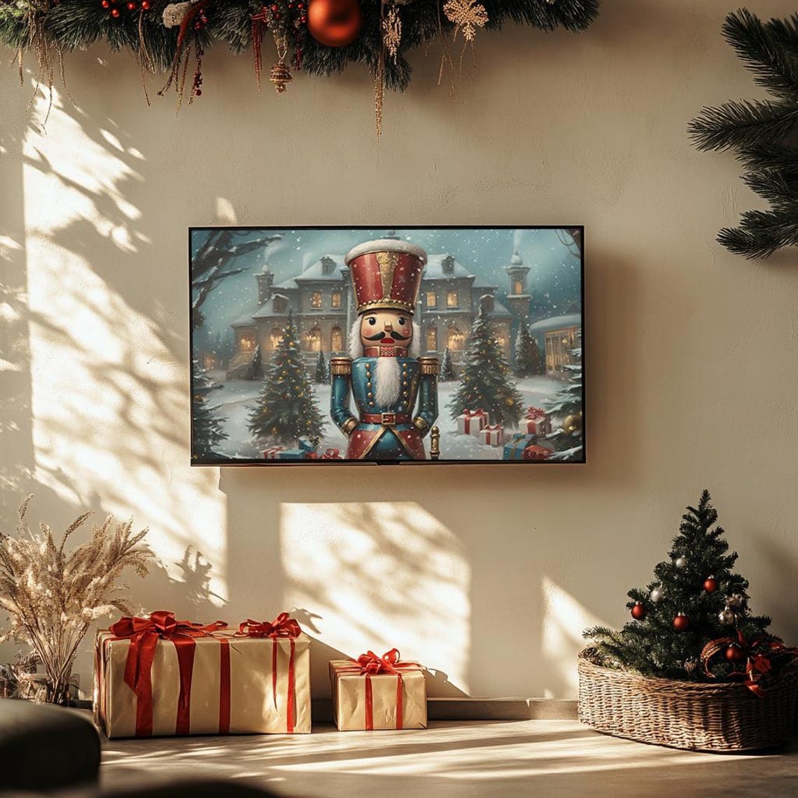 Nutcracker Soldier Snowy Village Scene Christmas Painting Poster - Image 3
