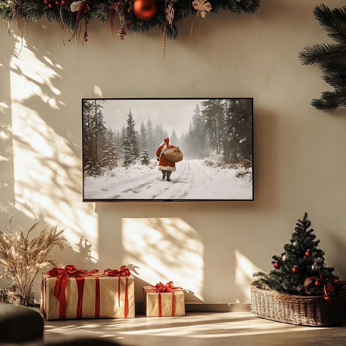 Santa Claus Walking Through Snowy Forest Vintage Oil Art Poster - Image 3