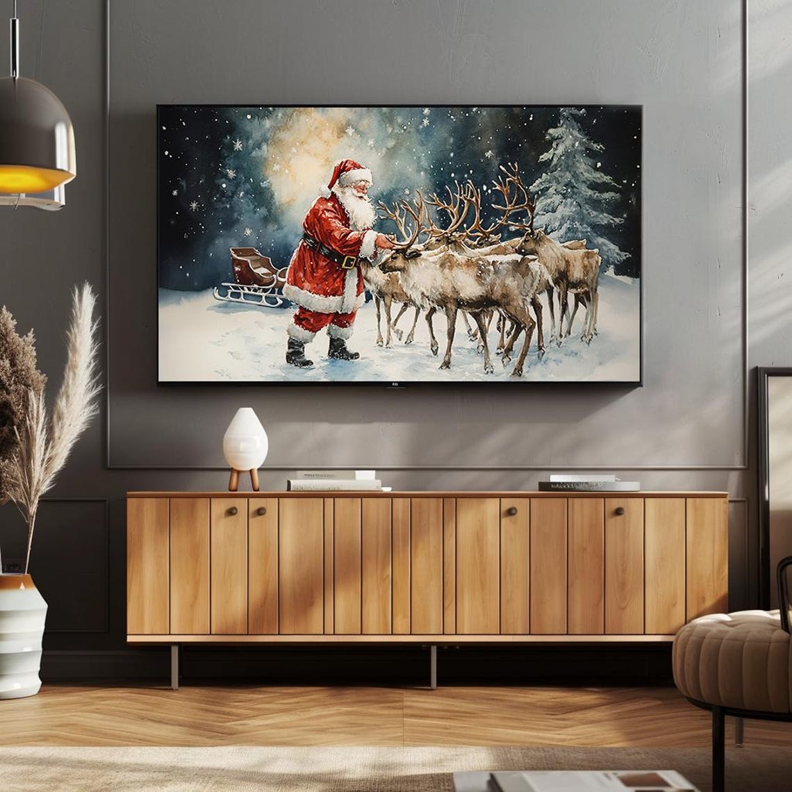 Santa with Reindeer and Sleigh Magical Winter Night Watercolor Poster - Image 4