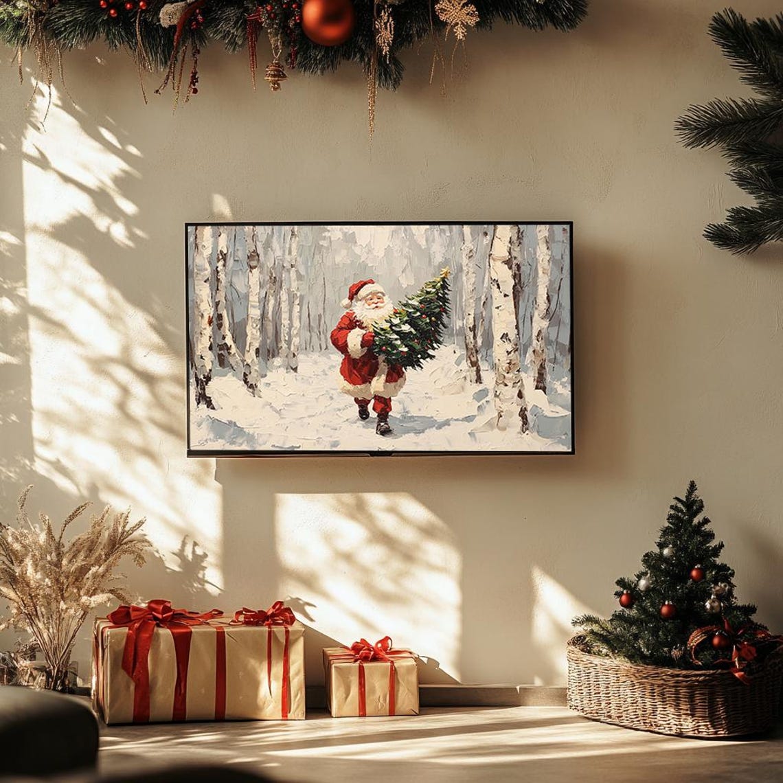 Santa Carrying Christmas Tree Snowy Birch Forest Painting Poster - Image 3