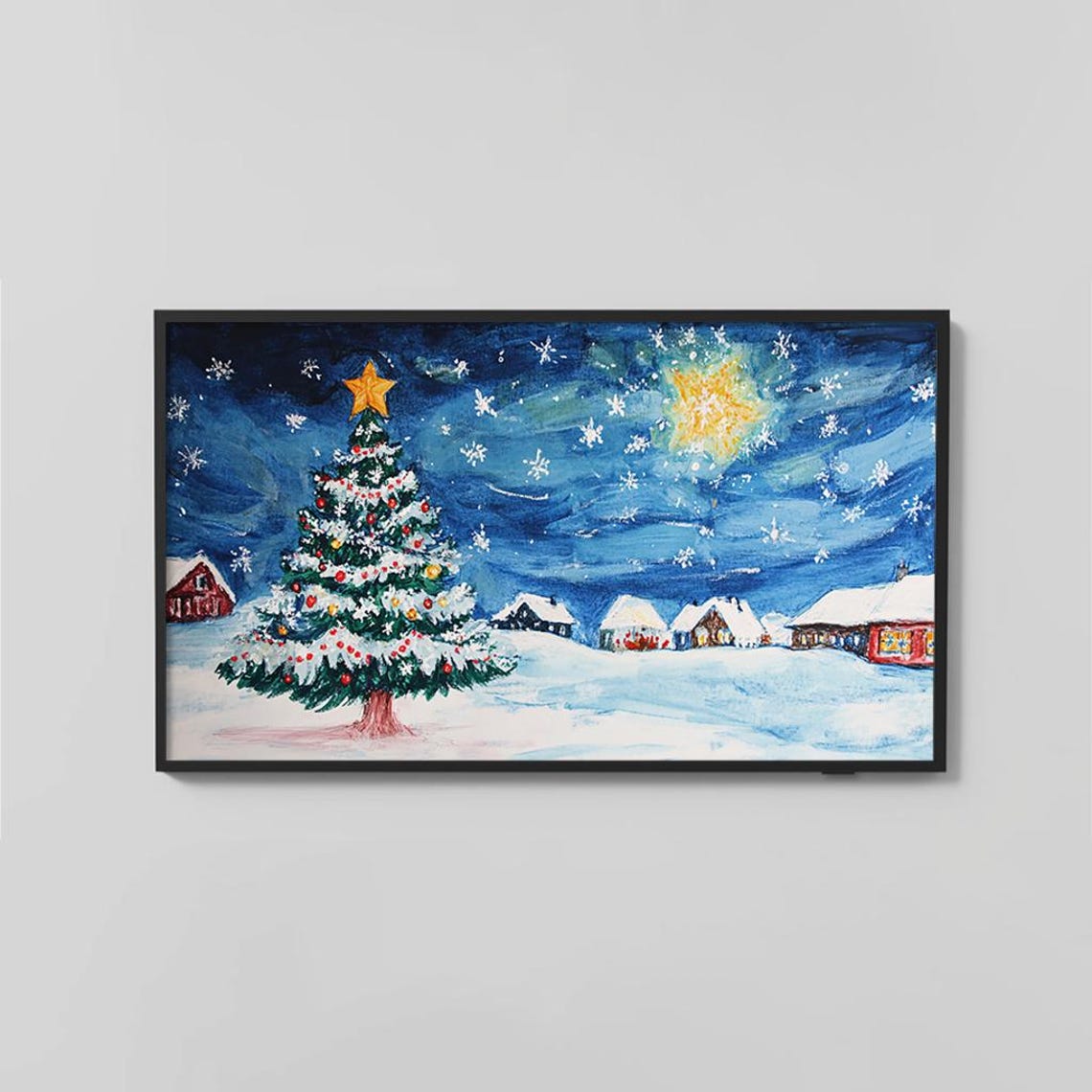 Christmas Tree in Snowy Village Hand Painted Starry Night Poster - Image 2