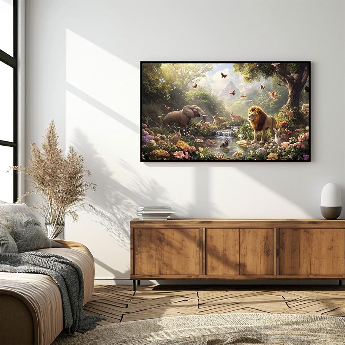 Wildlife Paradise Lion Elephant Waterfall Lush Jungle Garden Poster - Image 4
