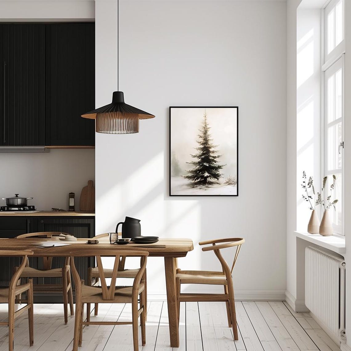 Lone Pine Tree In Misty Snow Minimalist Winter Watercolor Poster - Image 4