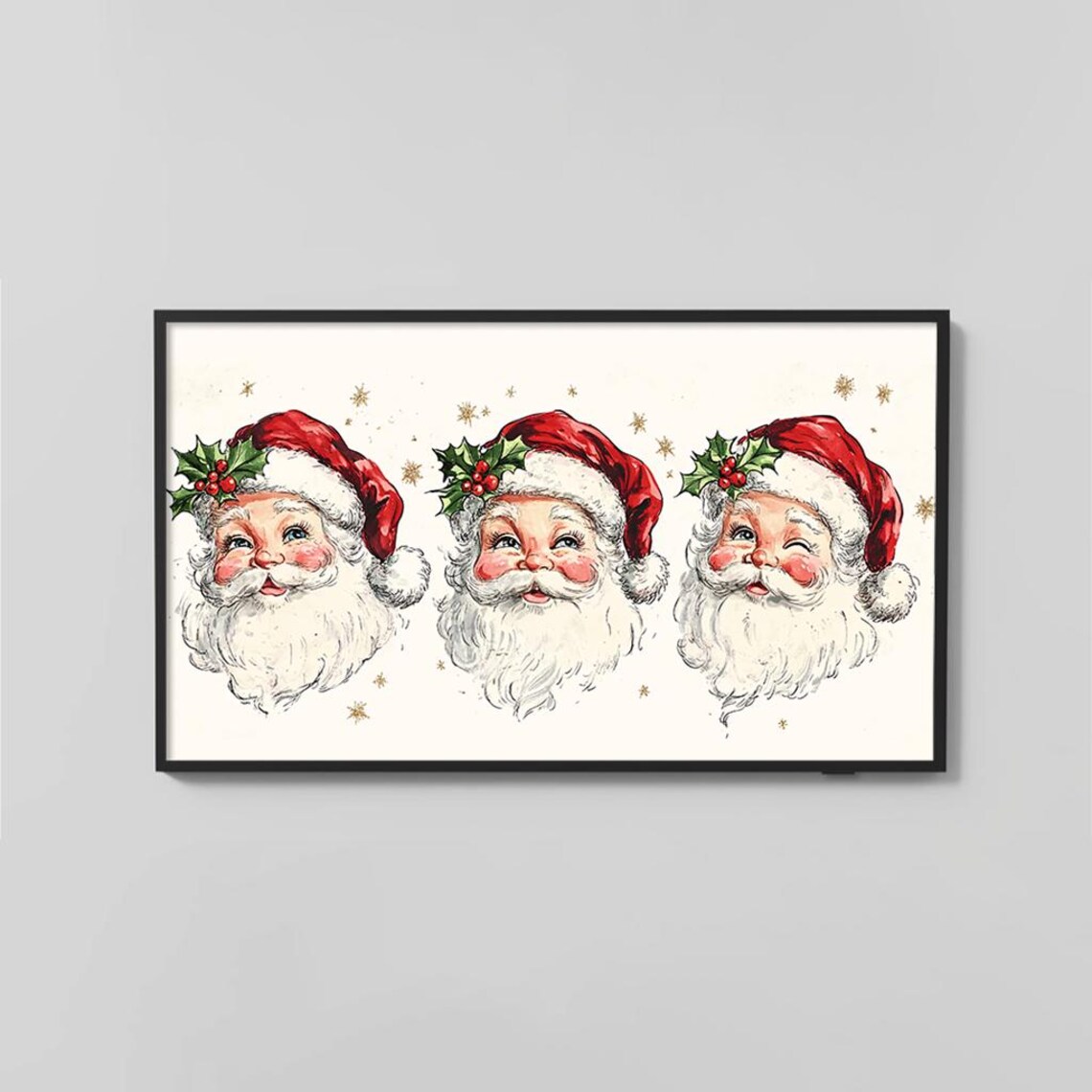Vintage Santa Trio With Holly And Snowflakes Festive Christmas Poster - Image 2